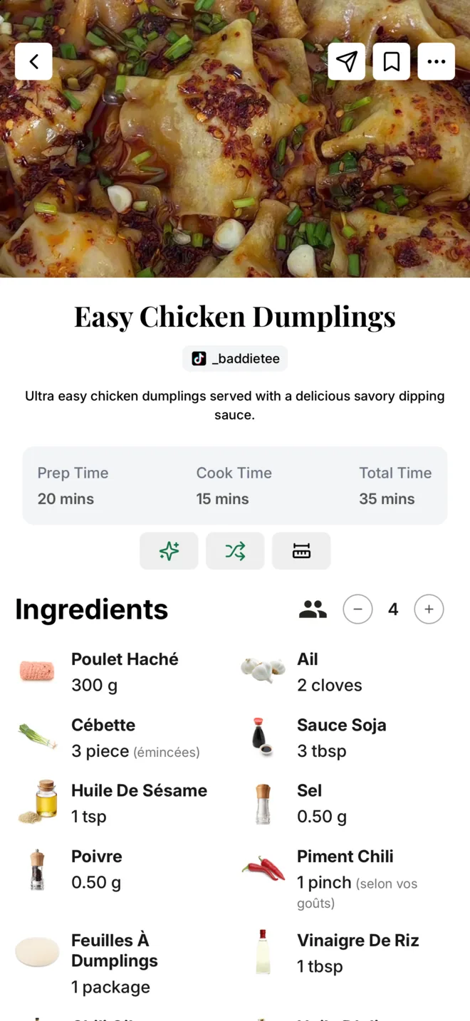 The Citron import screen: paste a link from TikTok, Instagram or a recipe site