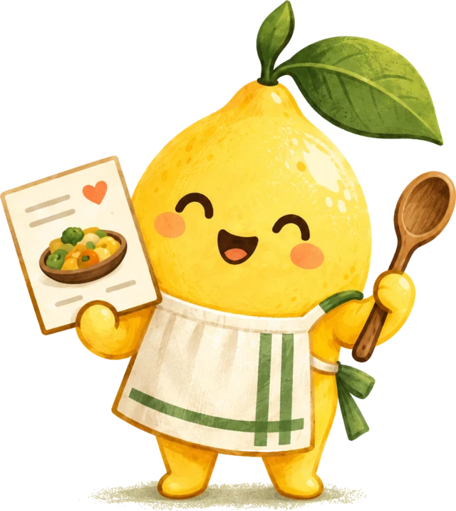 Citron, the lemon, in an apron, holding a recipe card and a wooden spoon